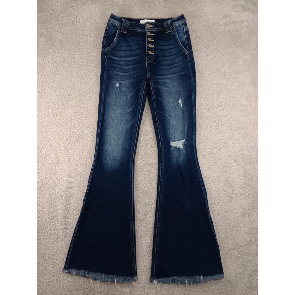 Kancan Jeans Women 3 (25x32) Blue Flare Button Fly Distressed Raw Hem